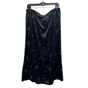 VTG IN MODA Whimsygoth Floral Maxi Skirt 18 Blk Satiny Rayon Blend Fairy Grunge